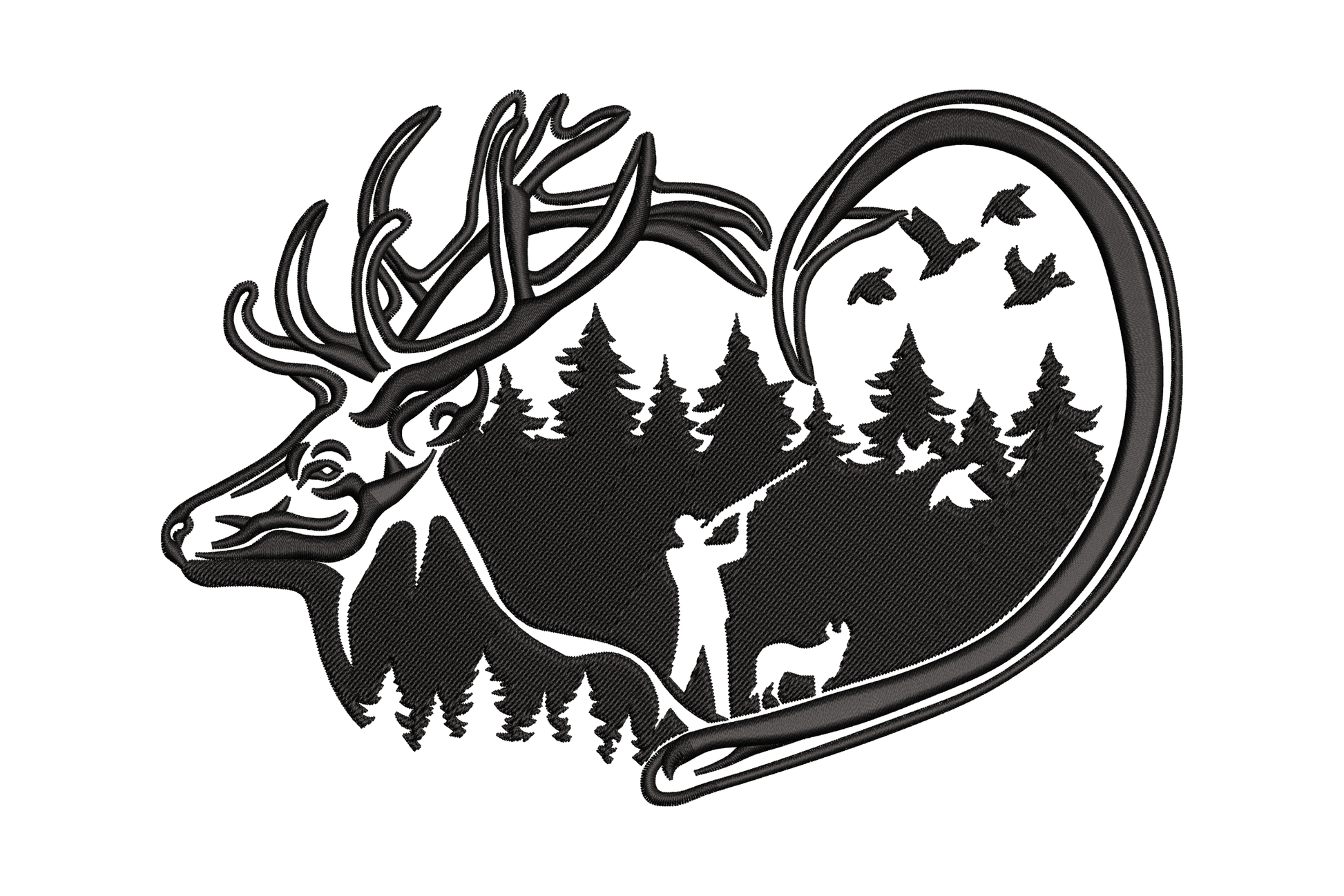 Elk forest silhouette with heart frame and hunter scene, 5 sizes 2.5 to 5.3 inches wide, single colour black embroidery