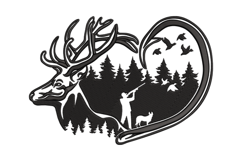 Elk forest silhouette with heart frame and hunter scene, 5 sizes 2.5 to 5.3 inches wide, single colour black embroidery