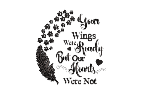 Emotional memorial embroidery design with Your Wings Were Ready But Our Hearts Were Not quote, daisy floral arc and fern sprig, single black thread on cream pillowcase.