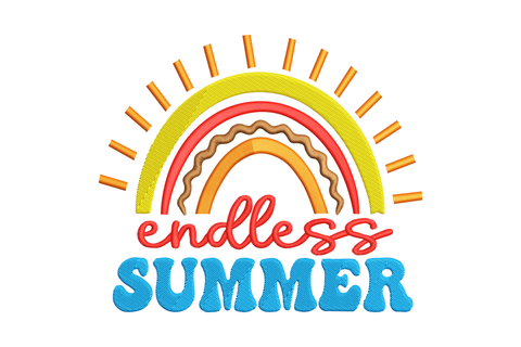 Endless summer rainbow embroidery design with retro sun ray burst, layered yellow orange coral arches, curly red endless script and bold blue summer block letters