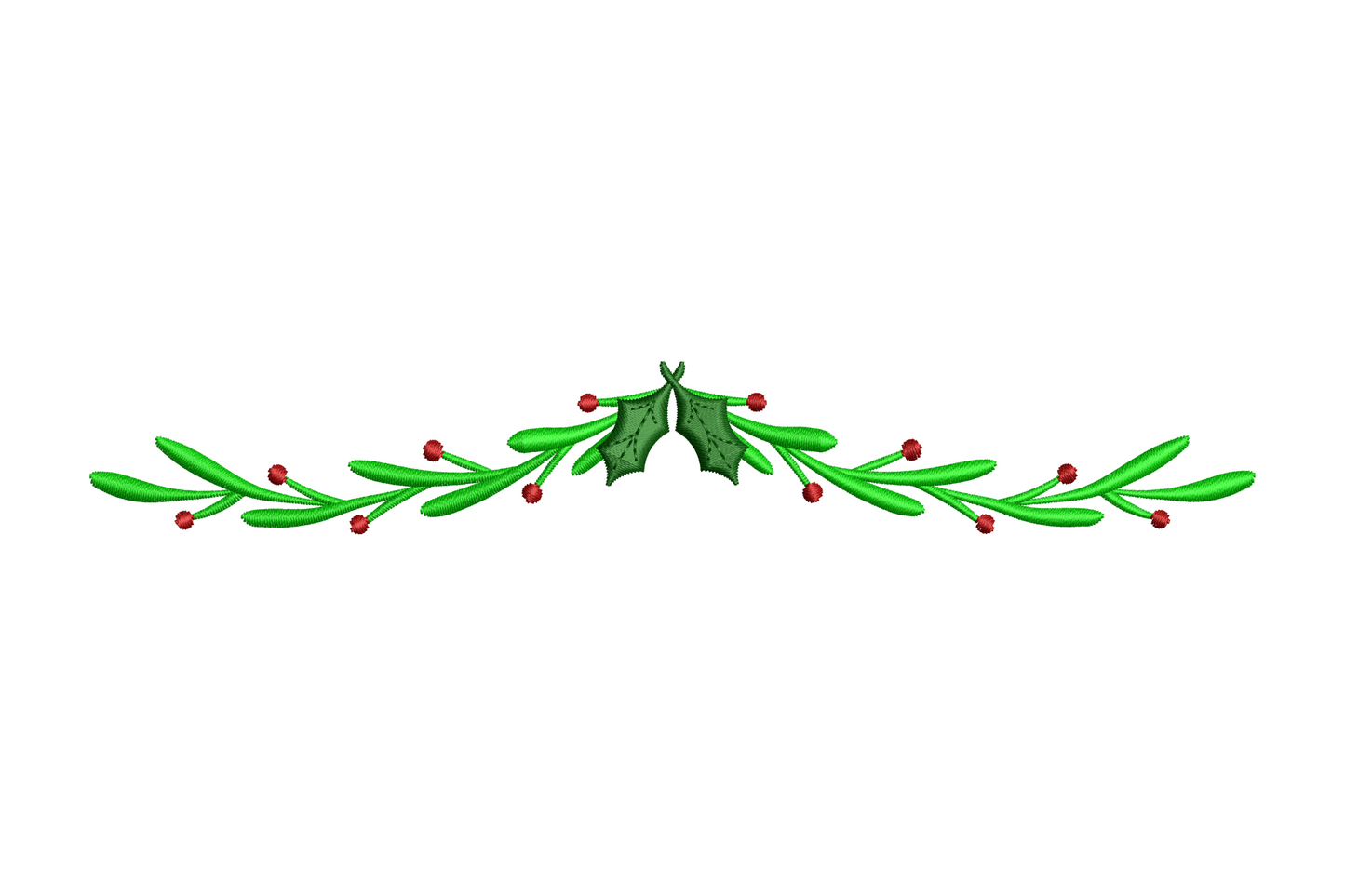 Evergreen holiday swag with holly leaves embroidery design in Christmas green and red, 4 sizes from 4.51 to 7.51 inches tall