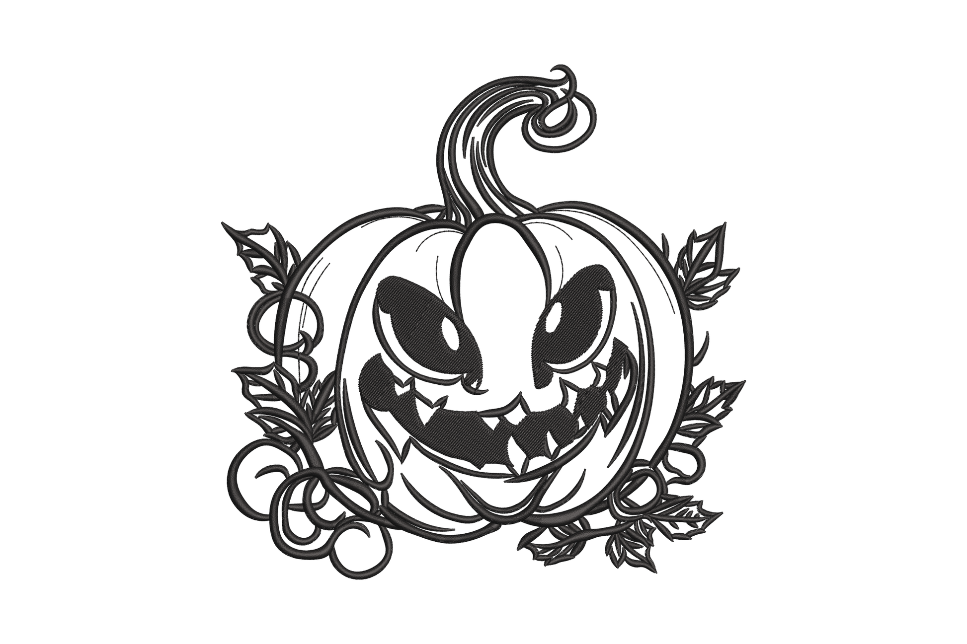 Evil pumpkin face embroidery design, single colour linework with vine leaves and jagged teeth, botanical engraving style