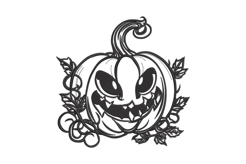 Evil pumpkin face embroidery design, single colour linework with vine leaves and jagged teeth, botanical engraving style