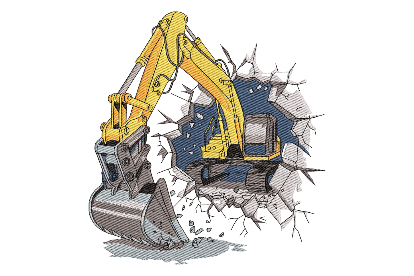 Excavator breakthrough embroidery design, yellow construction digger bursting through rubble in 8 colours on charcoal or black fabric.