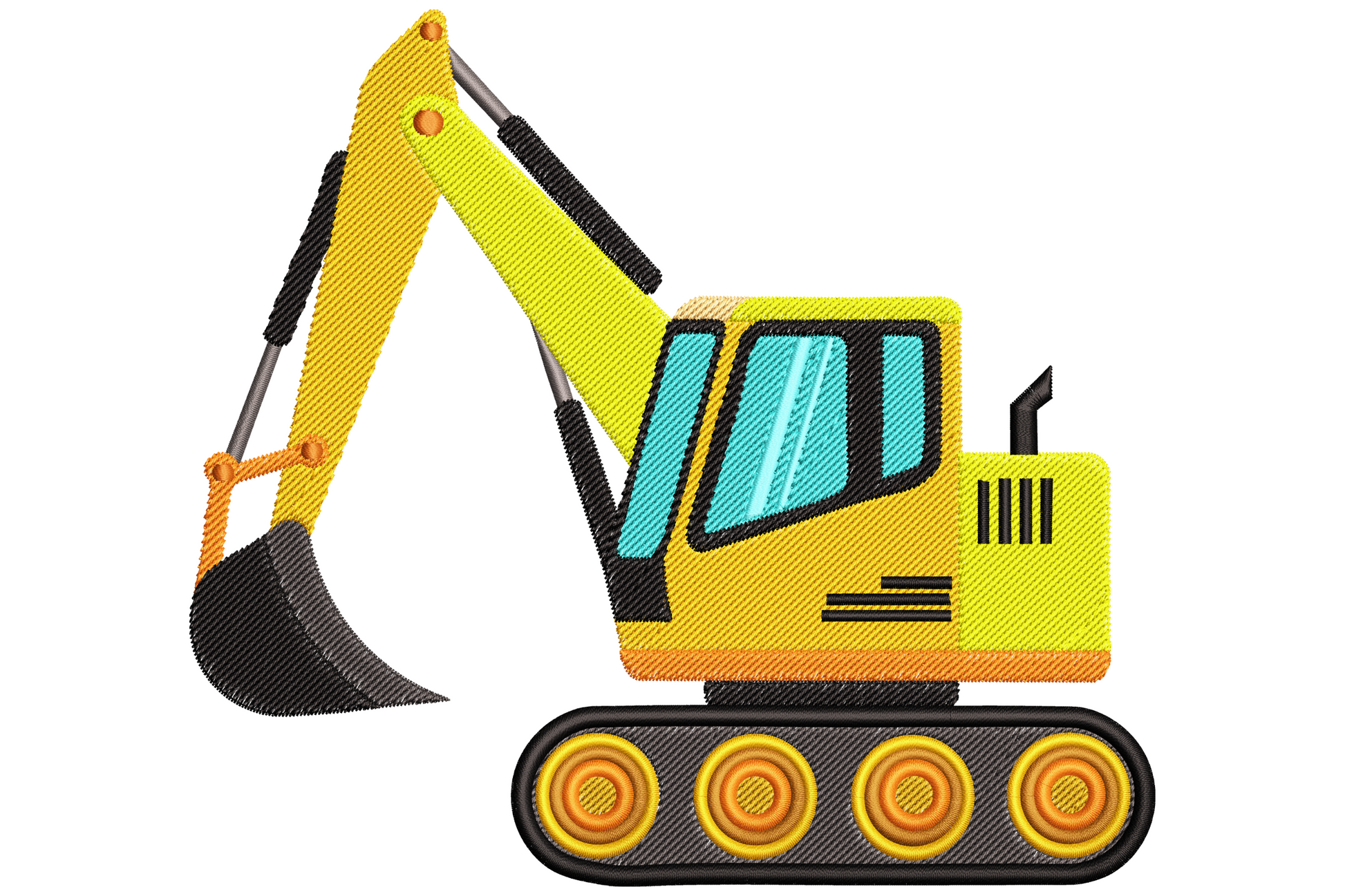 Yellow cartoon excavator embroidery with teal cab window, black tracked base, five gold-ringed wheels and boom arm with bucket.
