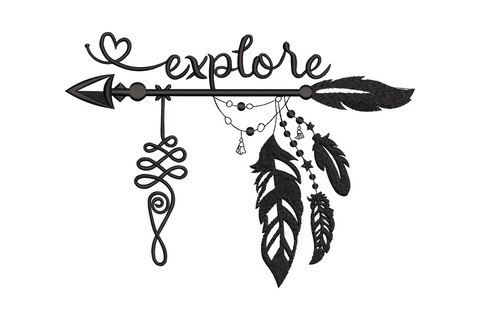 Explore arrow dreamcatcher embroidery, boho horizontal arrow with script, feathers and bead chains, single color black