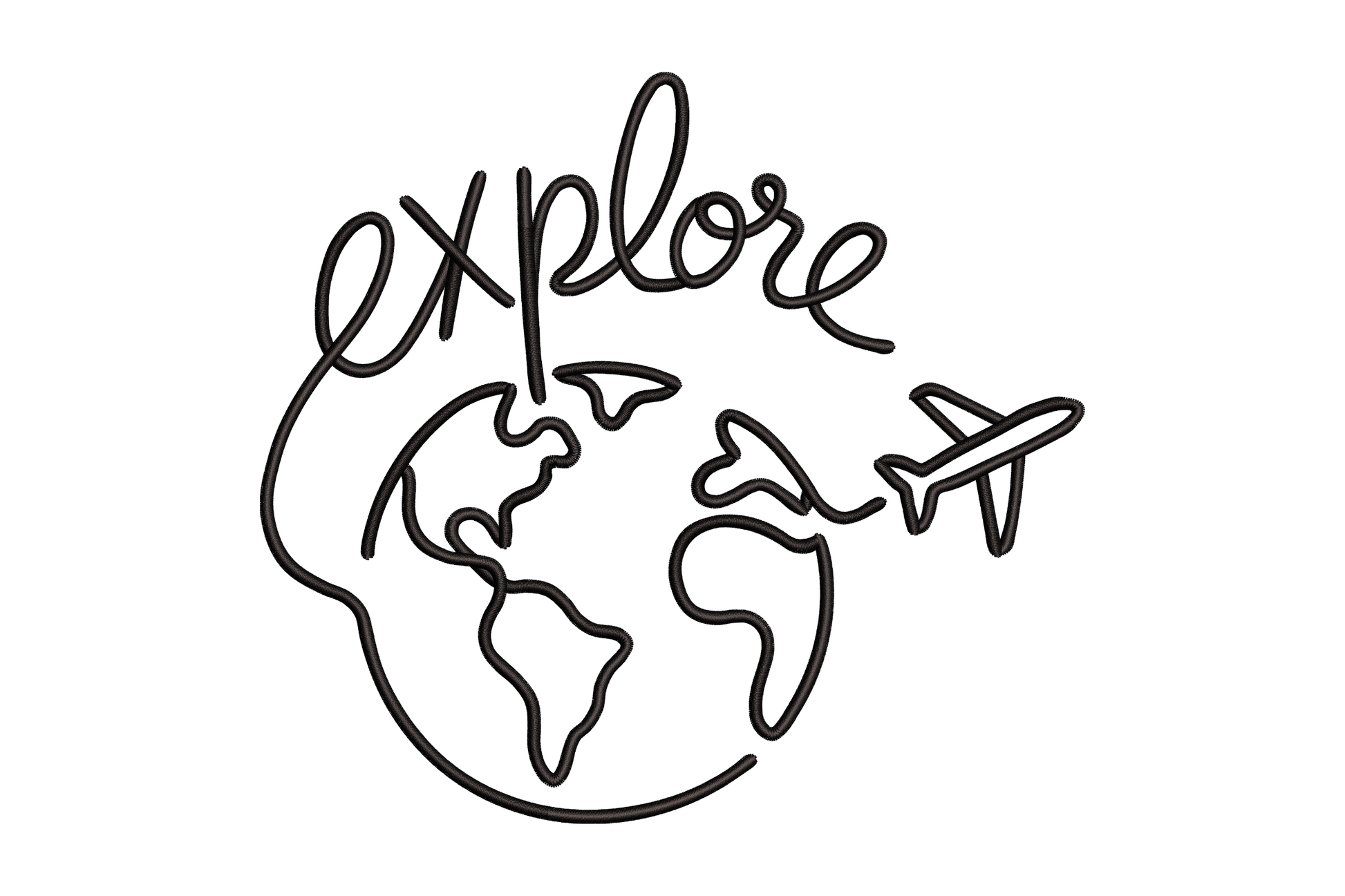 Outline of a world map with an airplane and the word 'explore' embroidery design