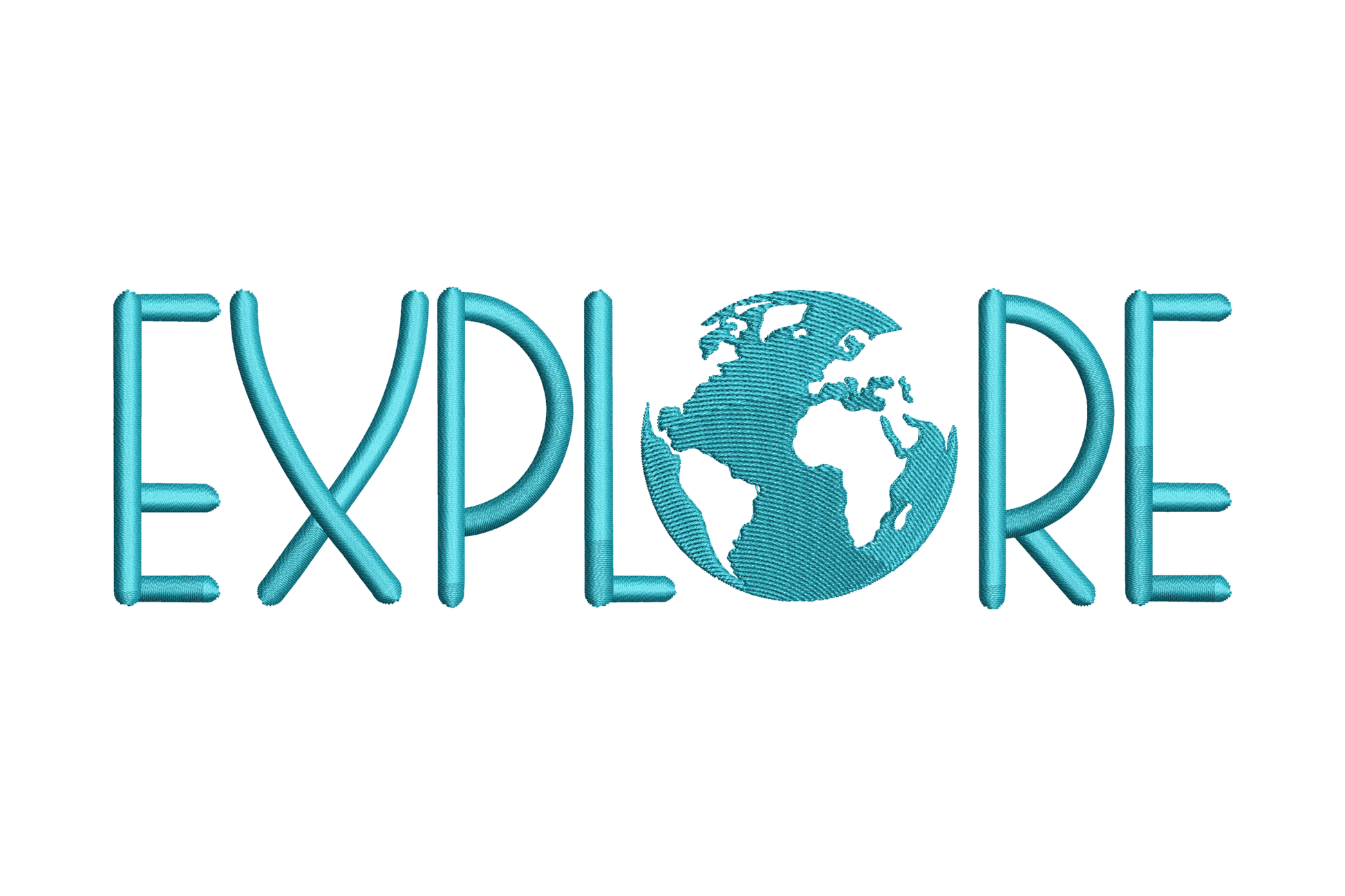 Teal 'EXPLORE' text with a world map replacing the 'O' on a white background