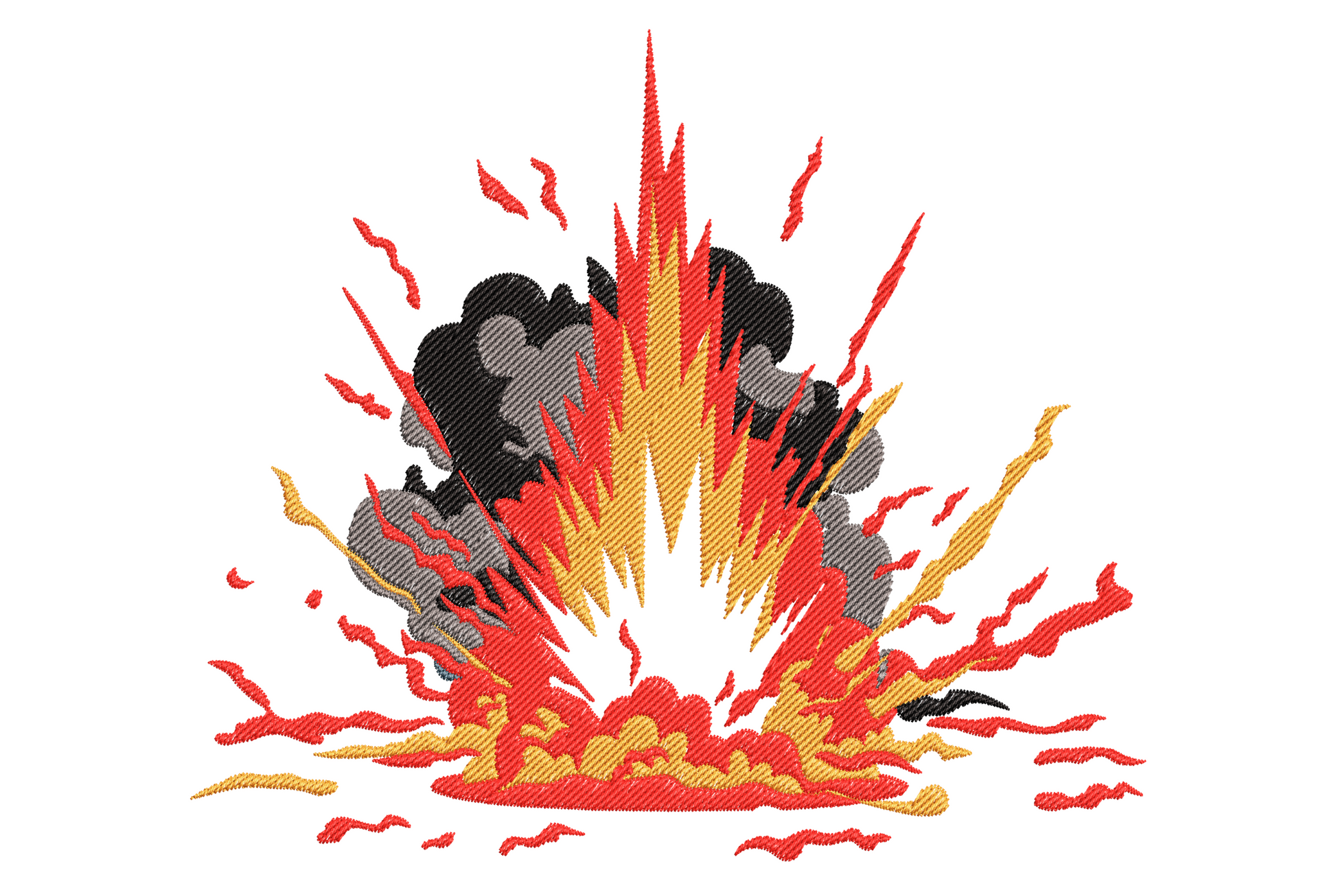 Explosion blast embroidery design with jagged spike rays in flame orange, yellow, and deep red on dark denim fabric.