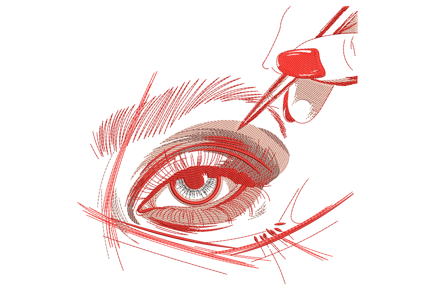 Eye makeup line art embroidery design, sketchy coral lines showing a hand applying winged eyeliner with a pen.