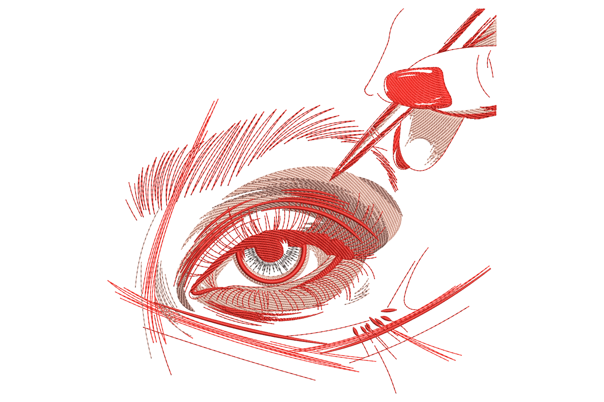 Eye makeup line art embroidery design, sketchy coral lines showing a hand applying winged eyeliner with a pen.