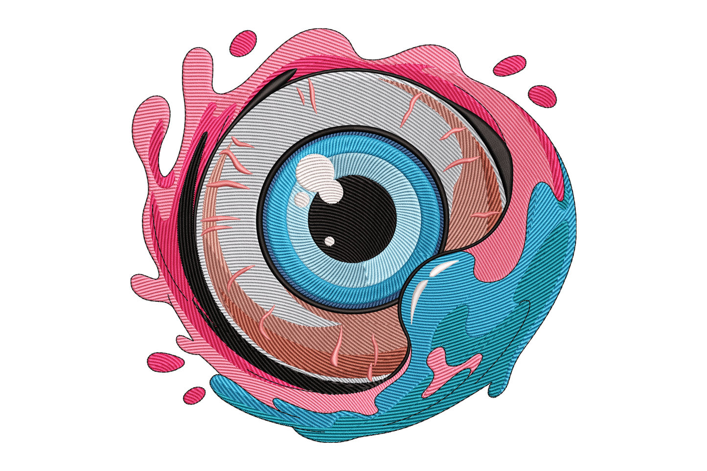Illustration of a stylized eye with pink and blue splashes on a white background