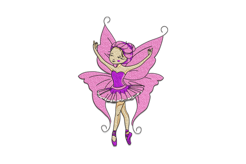 Fairy ballerina embroidery design with hot magenta butterfly wings, purple corset bodice, layered white tutu and purple pointe shoes, arms raised mid-dance.