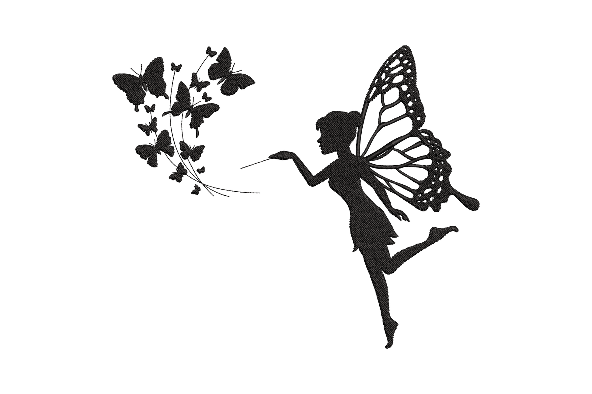 Fairy blowing butterflies machine embroidery, whimsical fairy with spread wings and butterfly scatter in single colour thread