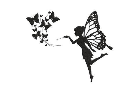 Fairy blowing butterflies machine embroidery, whimsical fairy with spread wings and butterfly scatter in single colour thread