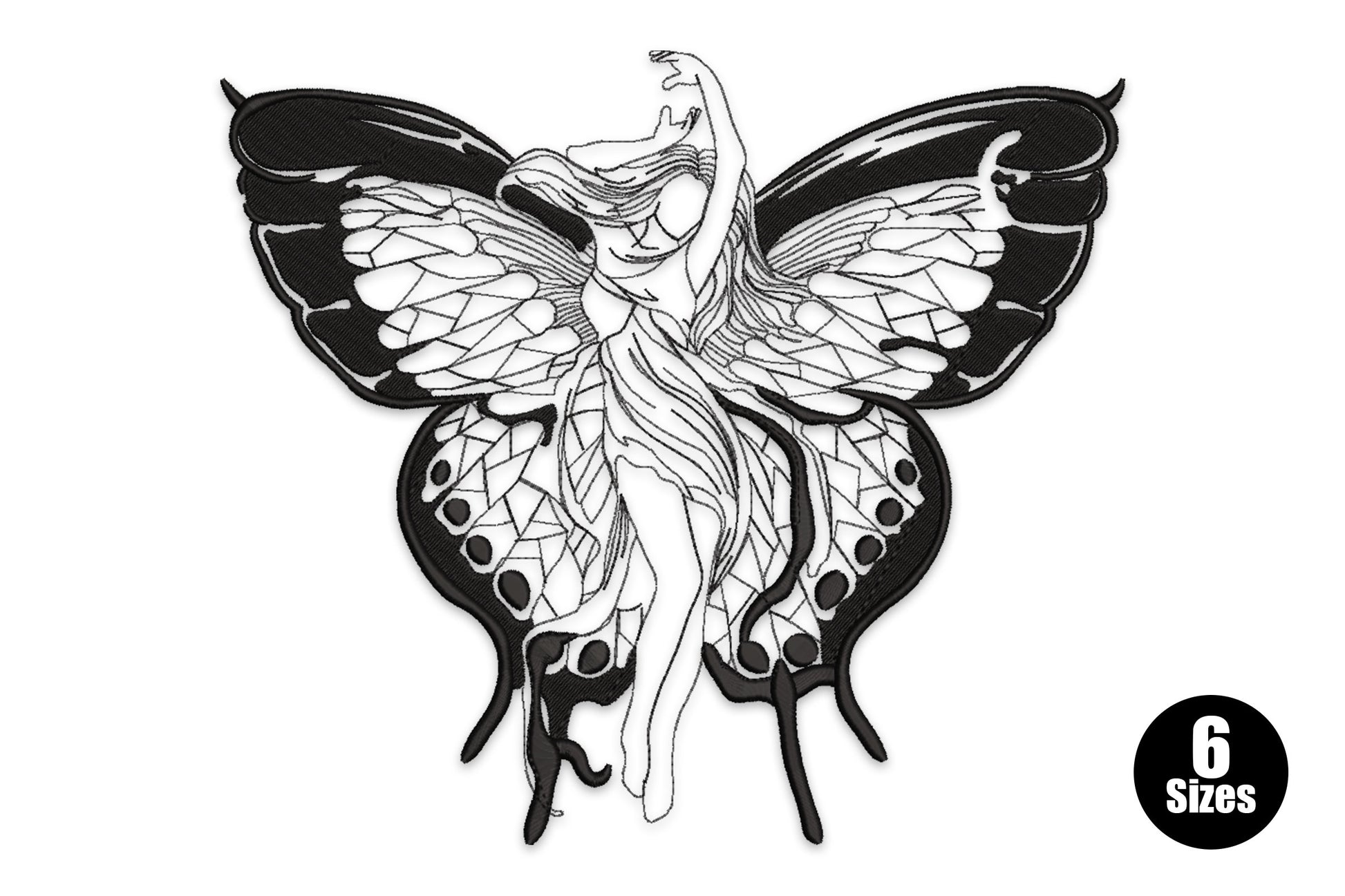 Fairy figure merging into swallowtail butterfly wings, black line-art embroidery, dense wing fill with lacy inner vein panels