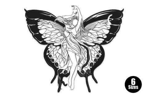 Fairy figure merging into swallowtail butterfly wings, black line-art embroidery, dense wing fill with lacy inner vein panels