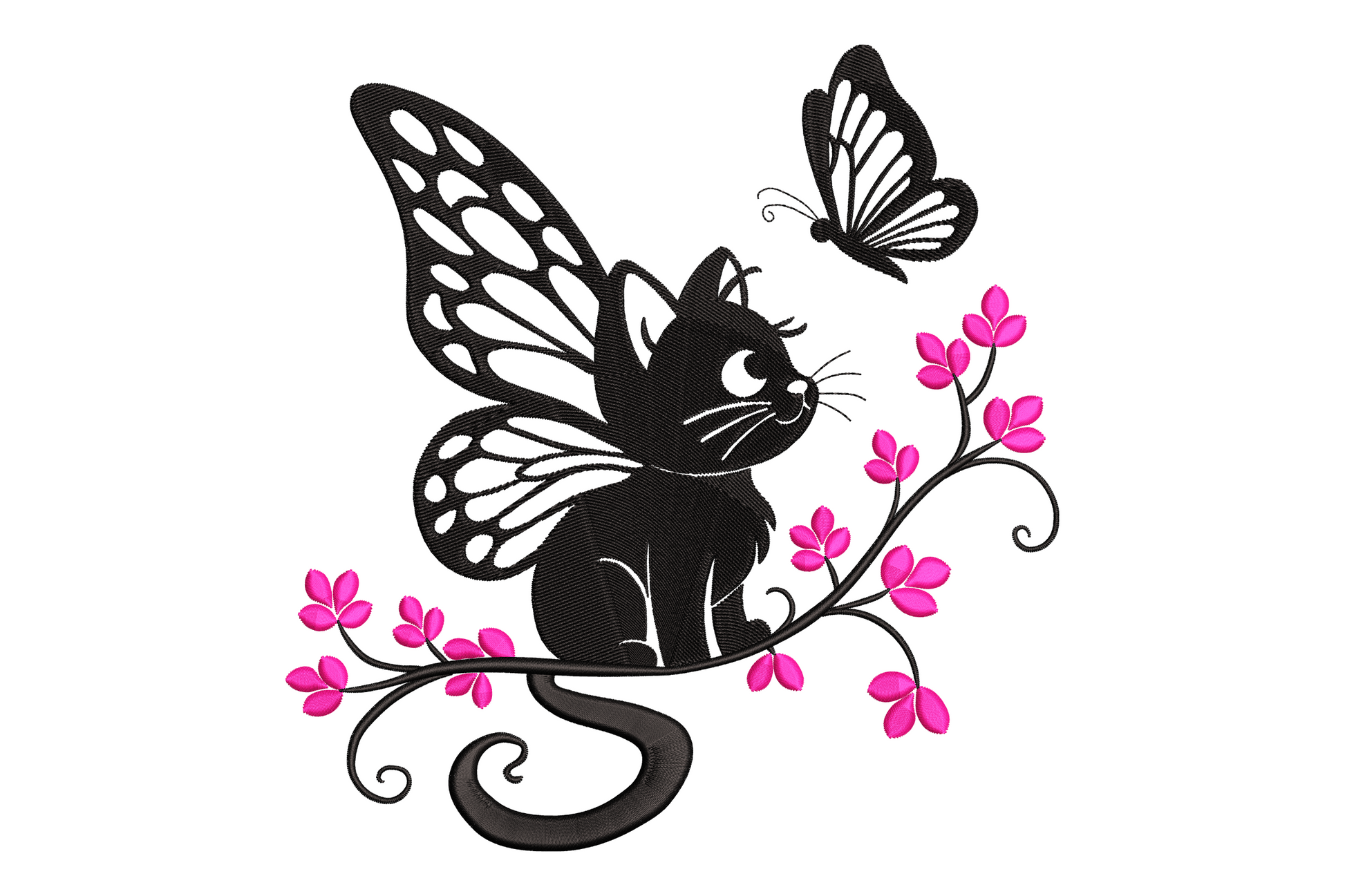 Fairy cat butterfly embroidery with black cat silhouette, large detailed fairy wings, curling vine and hot pink flowers.