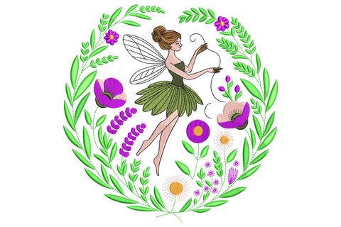 Fairy embroidery design inside a circular floral wreath with green leaves, purple lavender and poppies in 8 thread colors