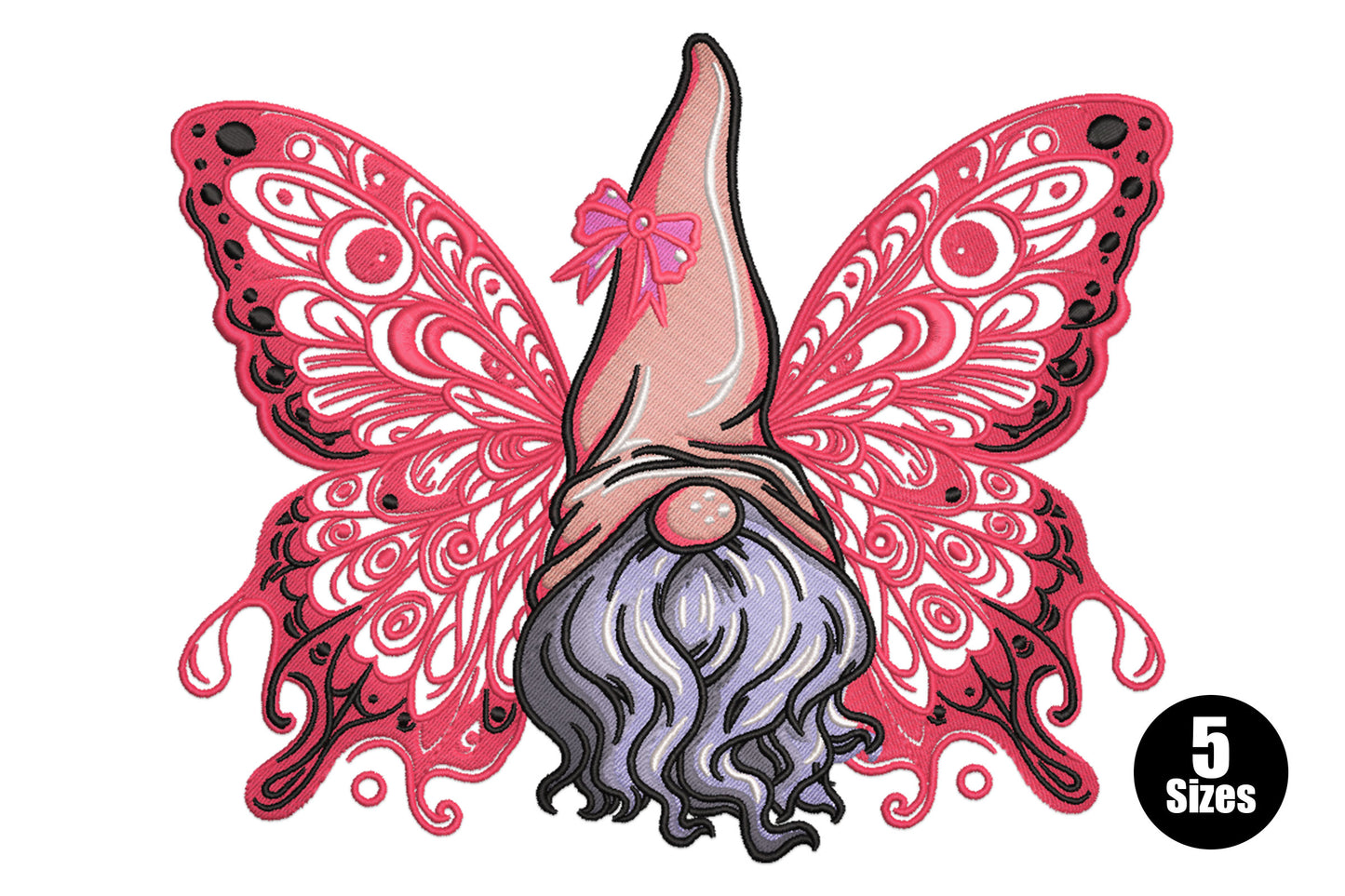 Fairy gnome butterfly wings embroidery design, deep pink scrollwork wings and lavender beard, 5 sizes 4 to 7 inches