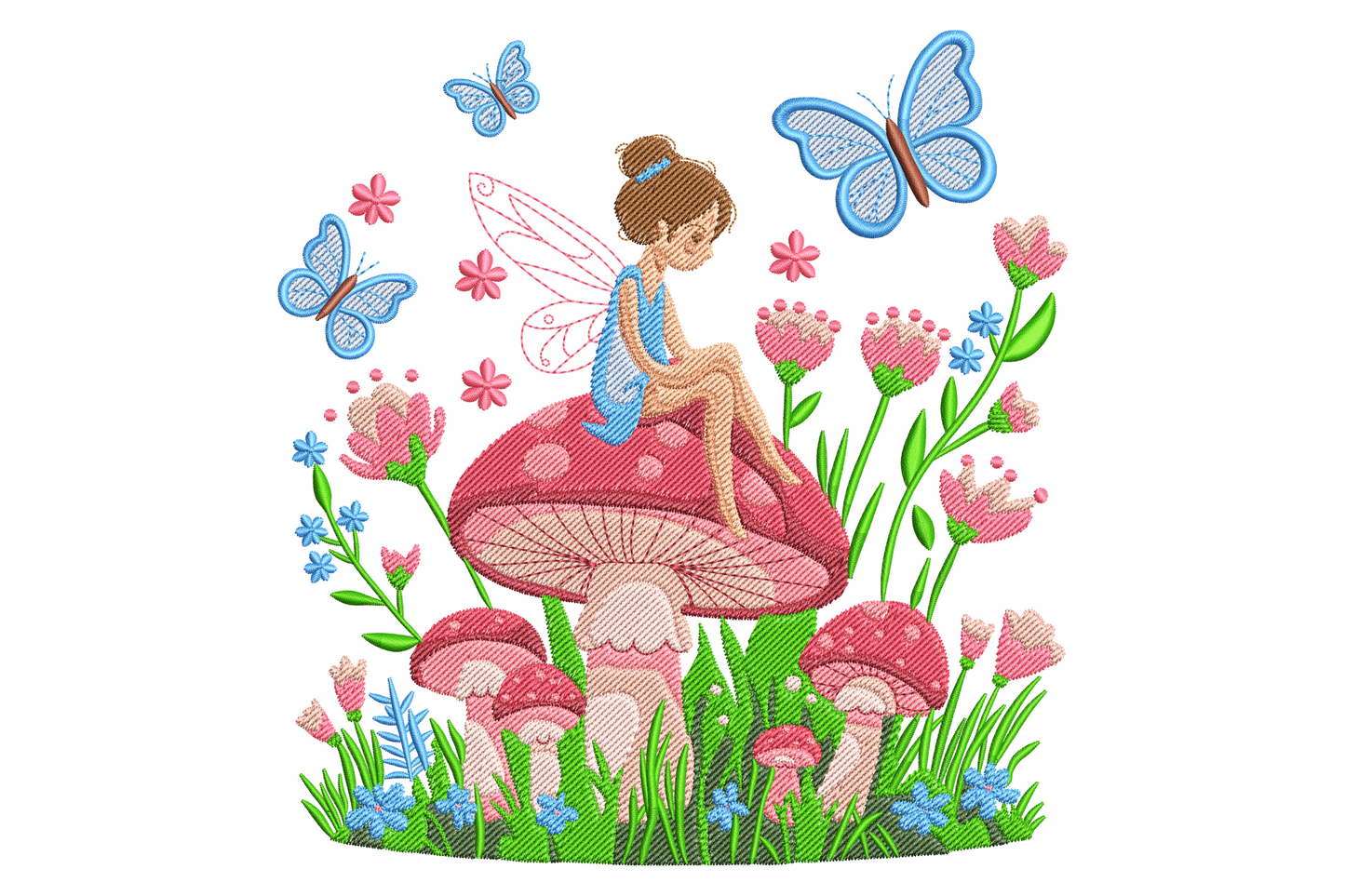 Fairy mushroom embroidery design with a small fairy on a red mushroom cap surrounded by blue butterflies and pink flowers