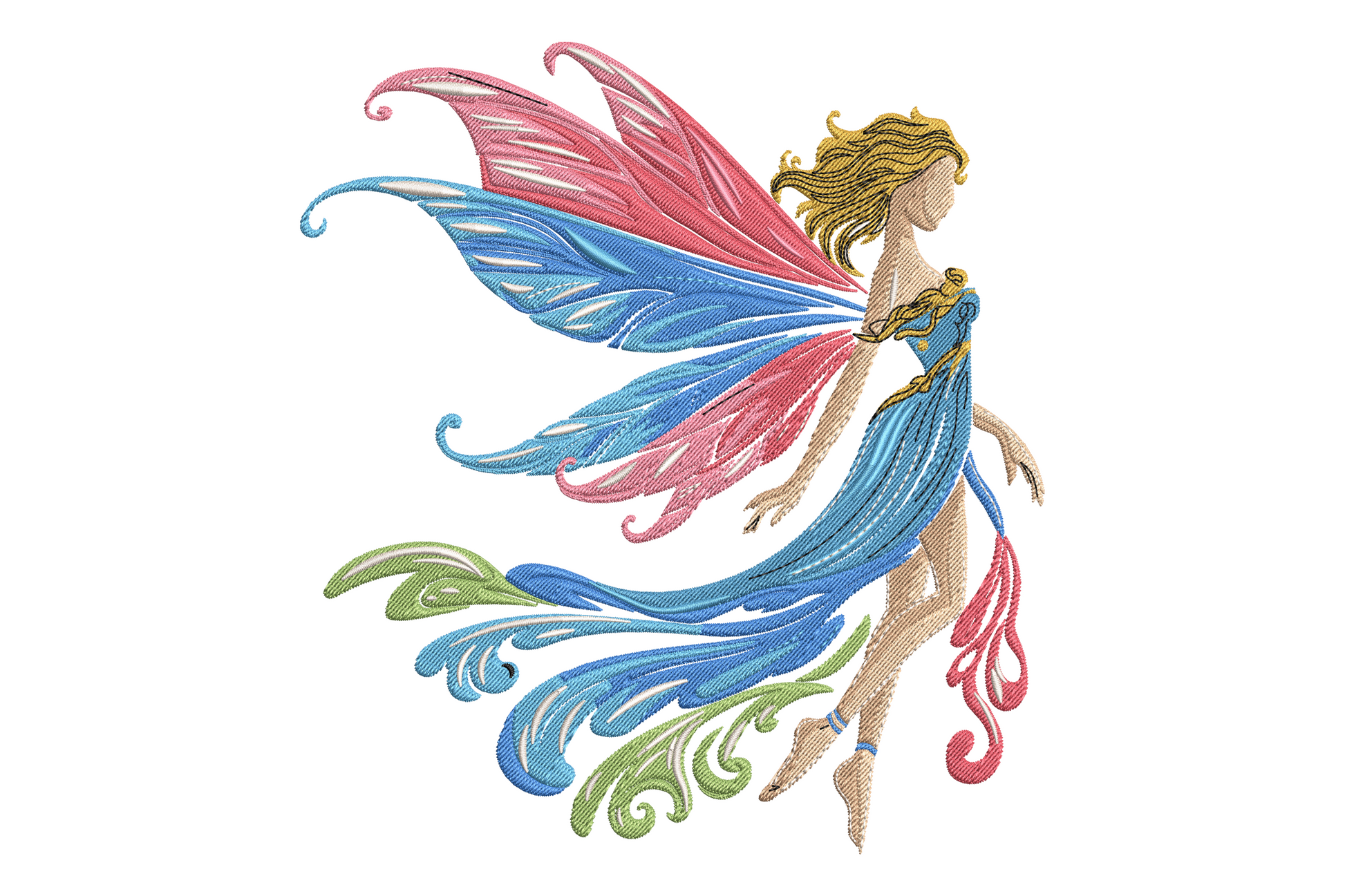 Fairy princess embroidery design in lavender gown with icy blue dragonfly wings, golden hair, star wand, pastel fantasy style, mid-flight pose.