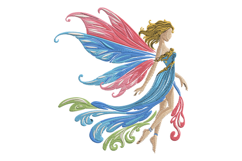 Fairy princess embroidery design in lavender gown with icy blue dragonfly wings, golden hair, star wand, pastel fantasy style, mid-flight pose.
