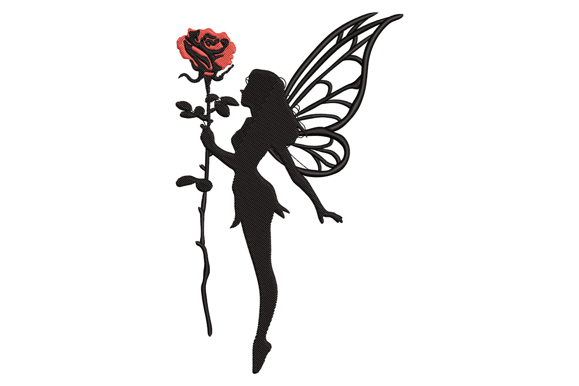 Fairy rose embroidery silhouette, black fairy with butterfly wings holding a red rose, 2-colour design, 9 sizes from 3.5 to 7.5 inch.