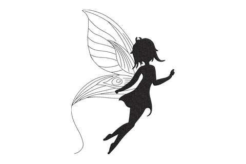 Standing fairy silhouette machine embroidery in solid black, long dress and butterfly wings, 4 sizes up to 5.36 inches wide.