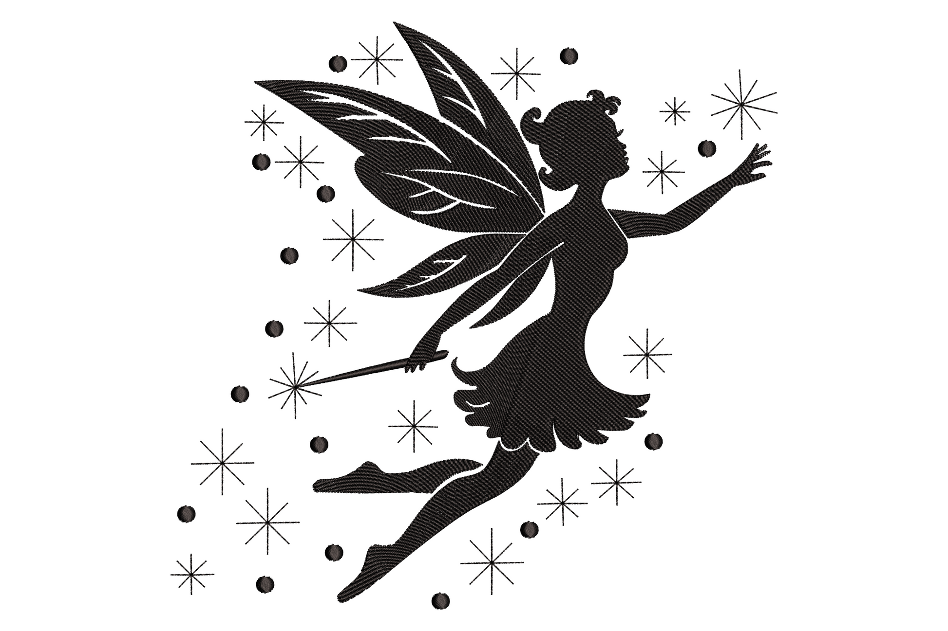 Black fairy silhouette embroidery in flight with detailed wings, wand, and scattered stars on white