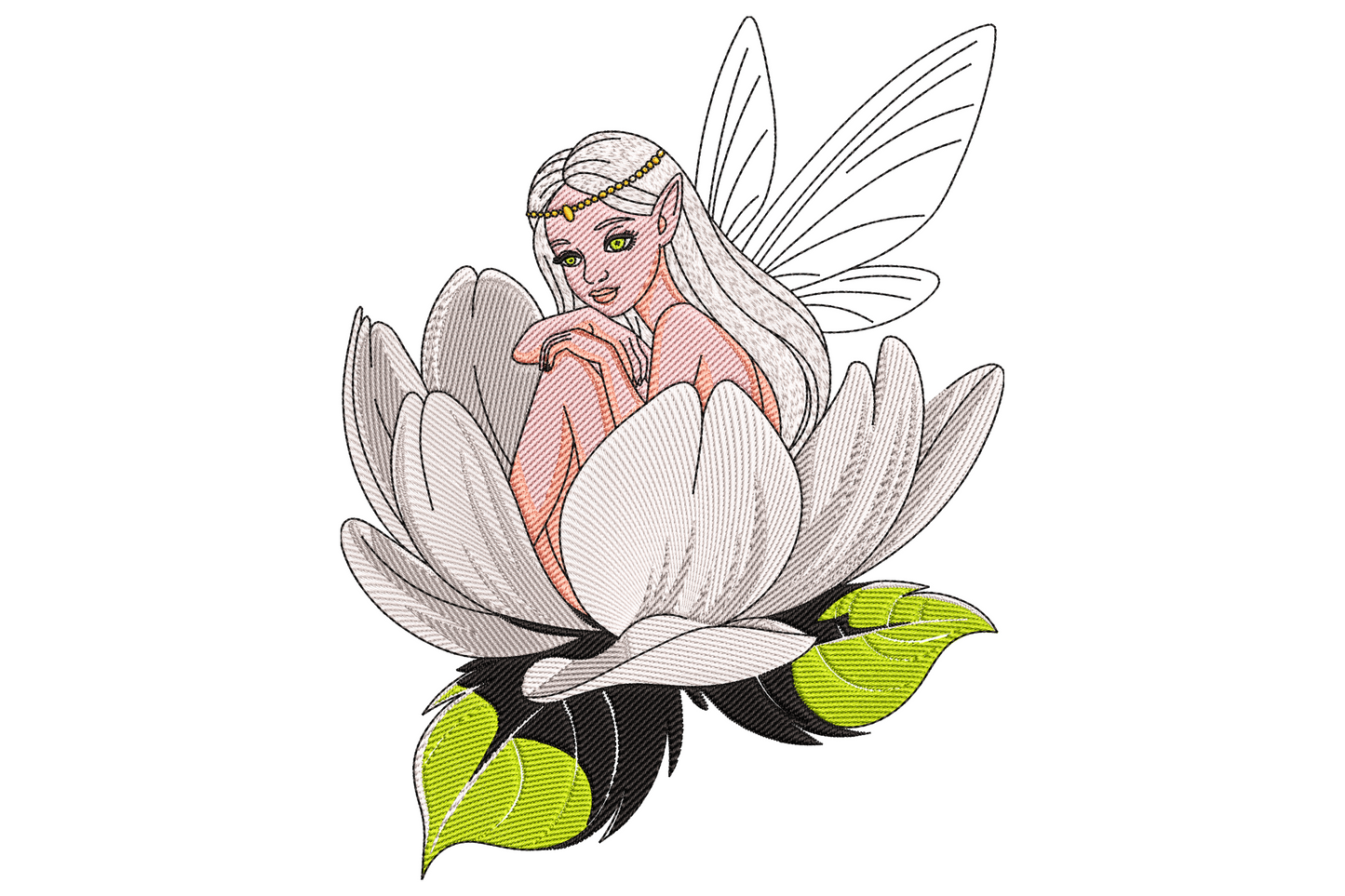 Fairy sitting in flower embroidery with peach petals, mint leaves, golden hair and tiny lavender wings.