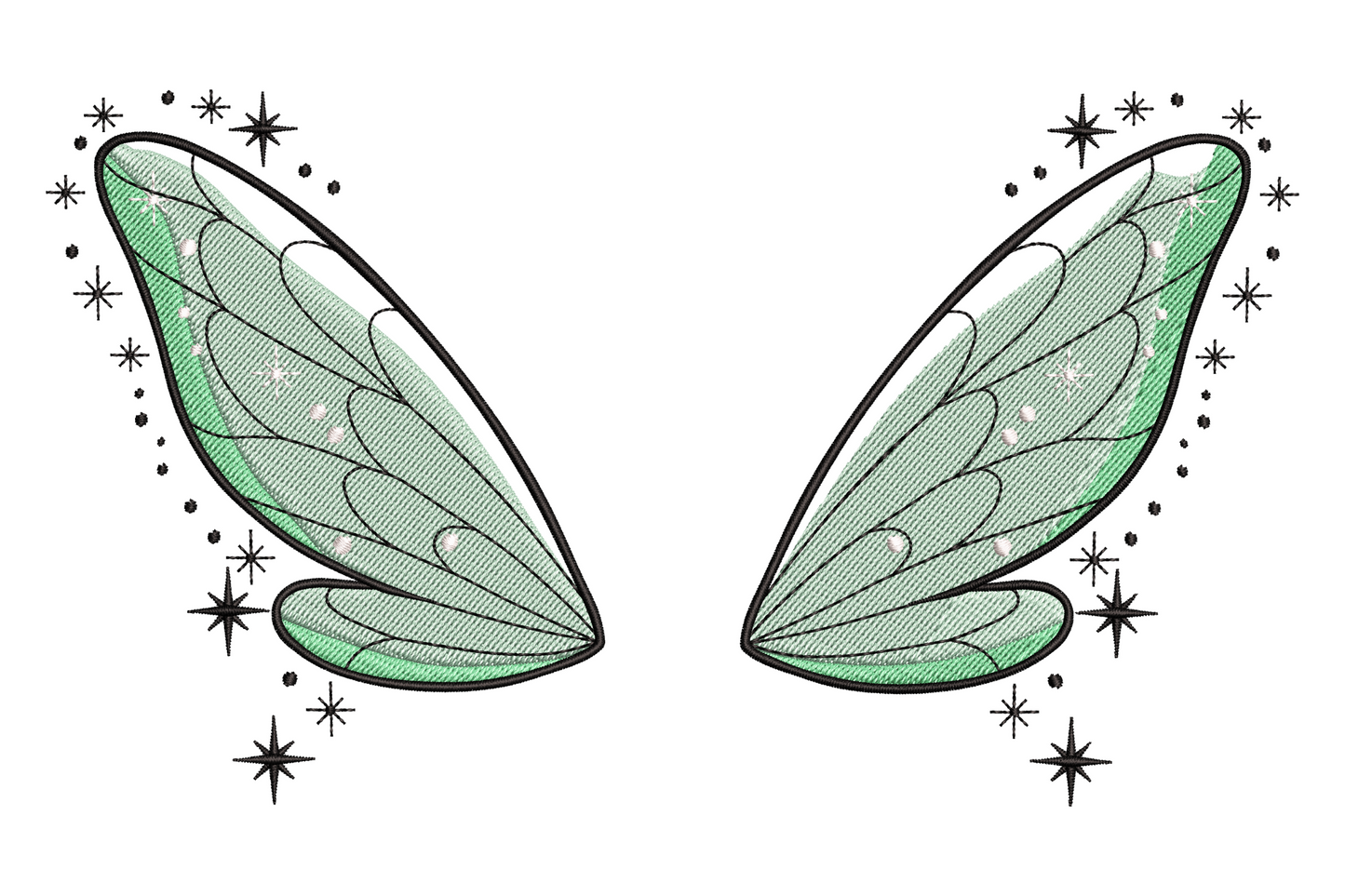 Fairy wings embroidery design with paired mint green satin filled wings, black vein lines and sparkle star accents on white background.