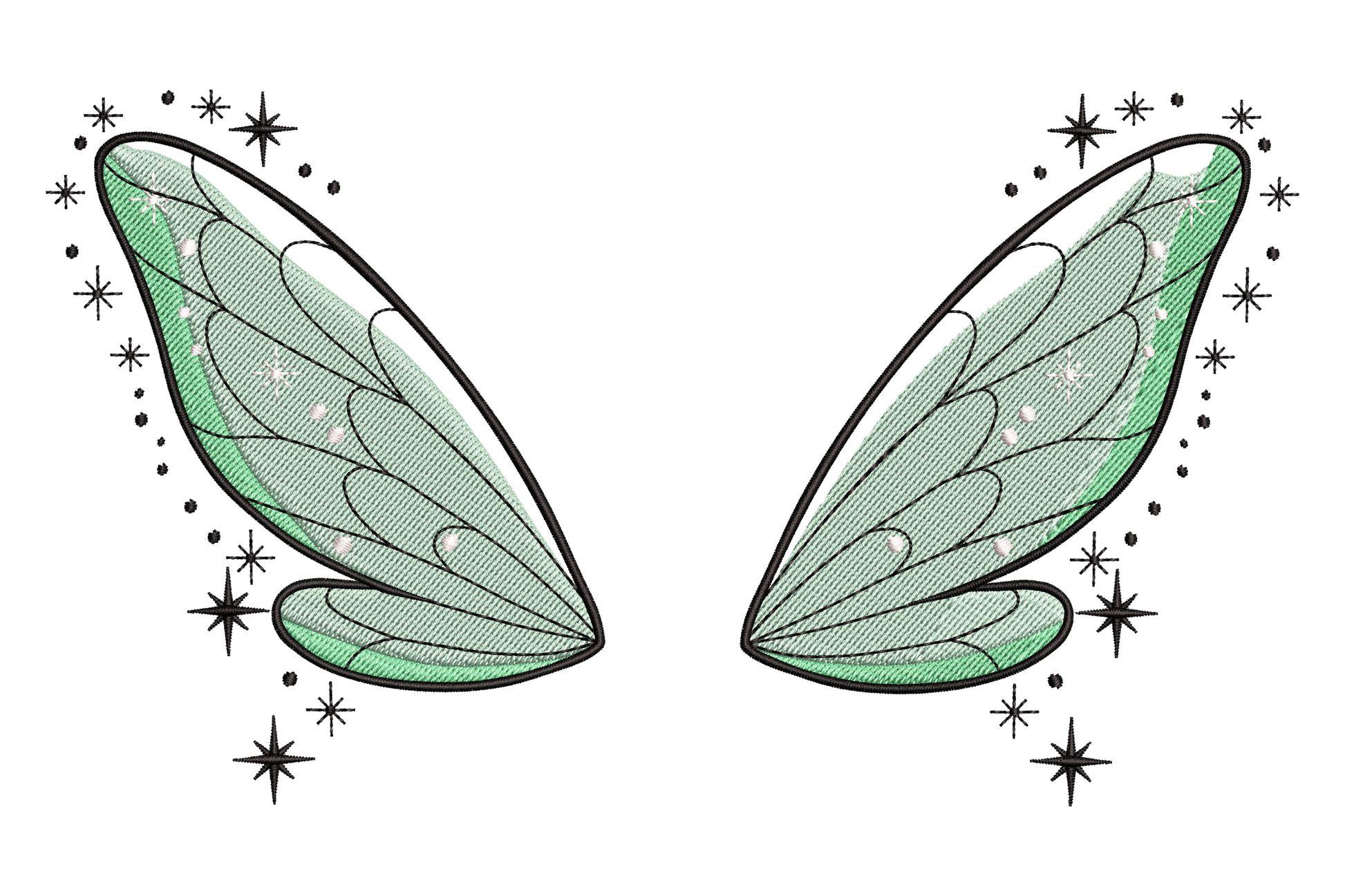 Fairy wings embroidery design with paired mint green satin filled wings, black vein lines and sparkle star accents on white background.