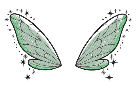 Fairy wings embroidery design with paired mint green satin filled wings, black vein lines and sparkle star accents on white background.