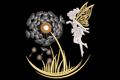 Fairy and dandelion embroidery design, gold satin fairy wings beside a white seed-head on a crescent base, on black background.