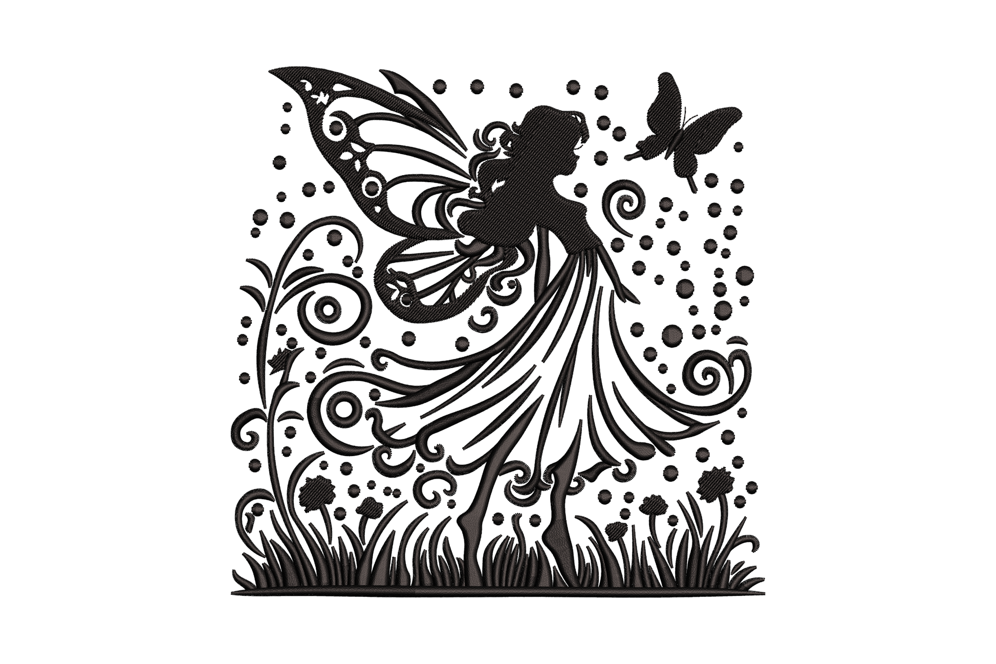 Blackwork fairy silhouette with ornate butterfly wings, swirl vines and meadow dot stems on white fabric, single black thread.