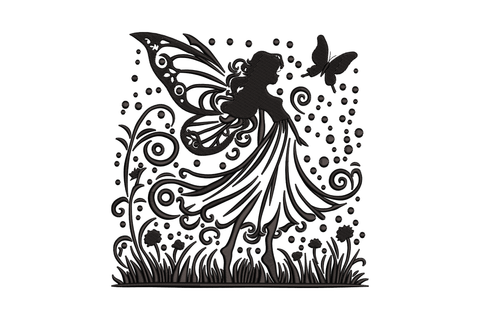 Blackwork fairy silhouette with ornate butterfly wings, swirl vines and meadow dot stems on white fabric, single black thread.