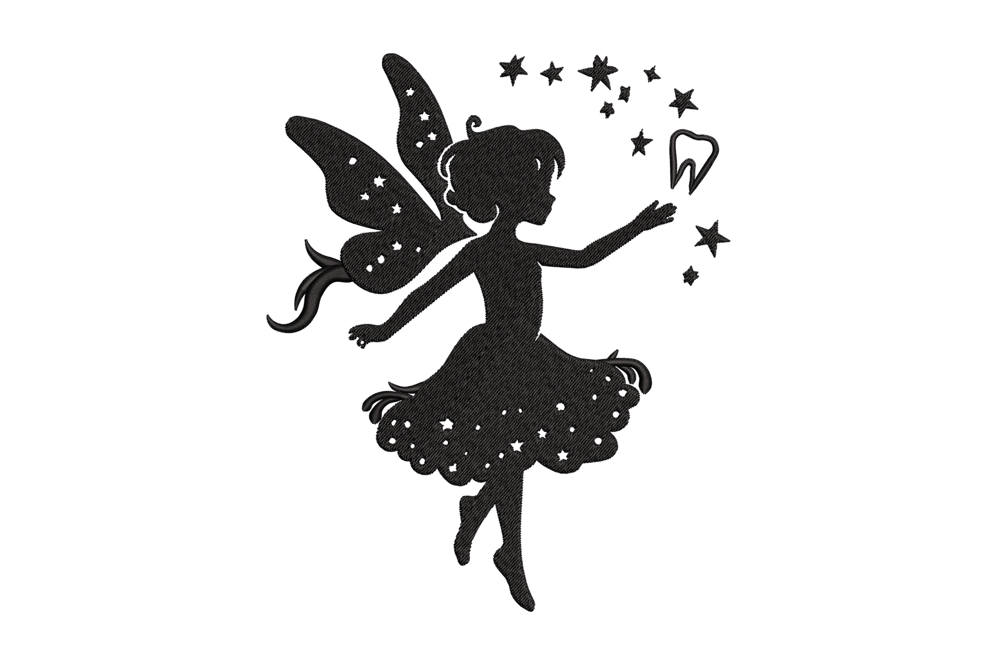Fairy with star wand machine embroidery, whimsical fairy figure with spread wings and raised star wand