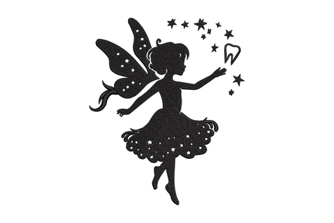 Fairy with star wand machine embroidery, whimsical fairy figure with spread wings and raised star wand