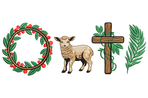 Embroidery design of faith easter panel, cross above white lily above decorated egg, leaf accents, 8 colours on cream linen
