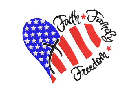 Heart filled with American flag embroidery design, cursive Faith Family Freedom script overlay, blue red white black thread