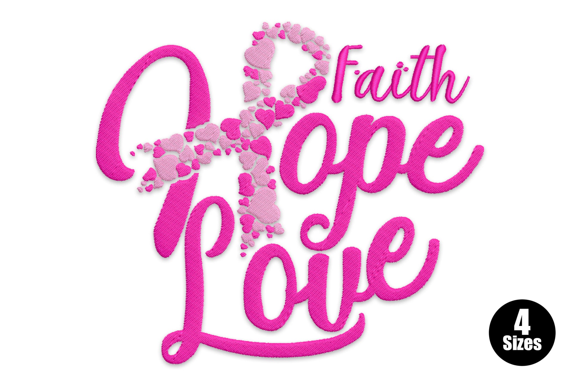 Faith hope love embroidery design with hot pink bold script letters and a diagonal cross shape made from scattered blush and hot pink hearts.