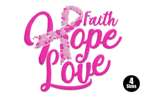 Faith hope love embroidery design with hot pink bold script letters and a diagonal cross shape made from scattered blush and hot pink hearts.