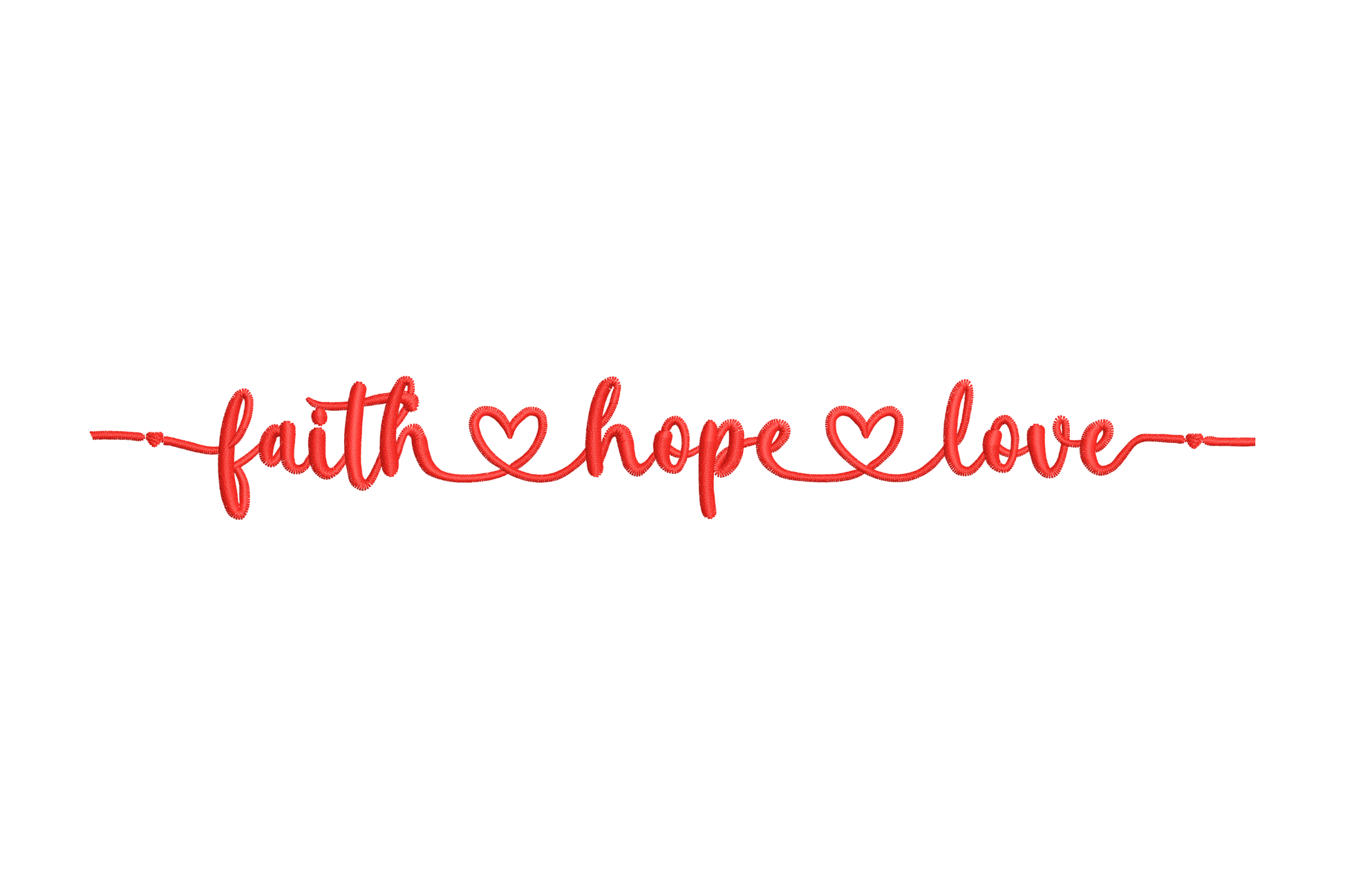 Faith hope love script embroidery design, flowing red cursive lettering in a single horizontal line with tiny heart accents between each word