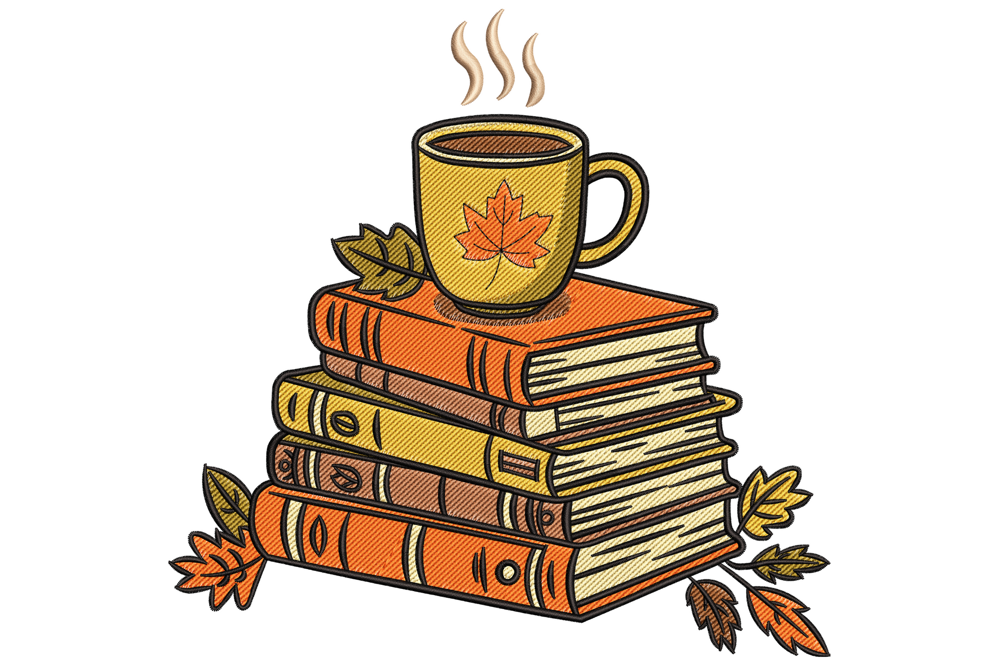 Stacked autumn books with steaming coffee mug and maple leaf surrounded by fall leaves embroidery design