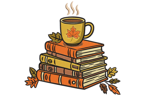 Stacked autumn books with steaming coffee mug and maple leaf surrounded by fall leaves embroidery design