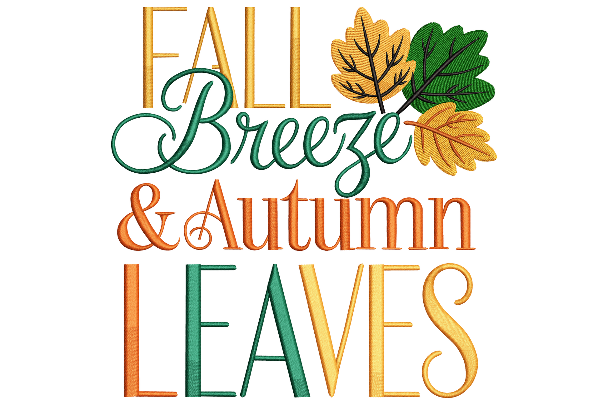 Fall Breeze and Autumn Leaves stacked embroidery in mustard, dark green, burnt orange with three-leaf cluster top right
