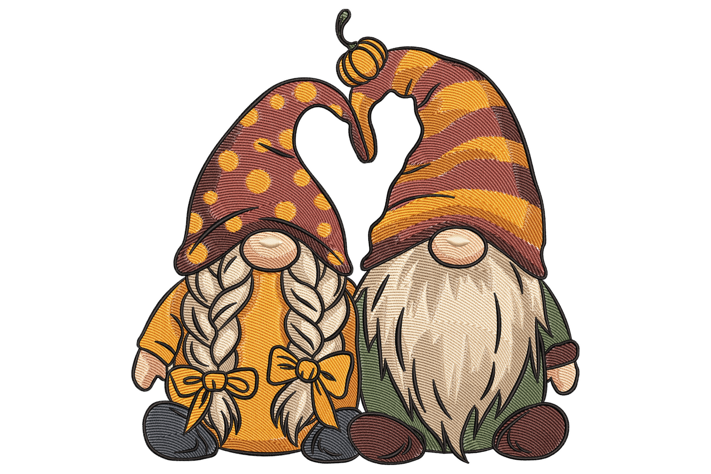 Fall gnome couple embroidery design with two gnomes in oversized autumn hats, braided hair, orange bow, and tiny pumpkin stem accent on white background.