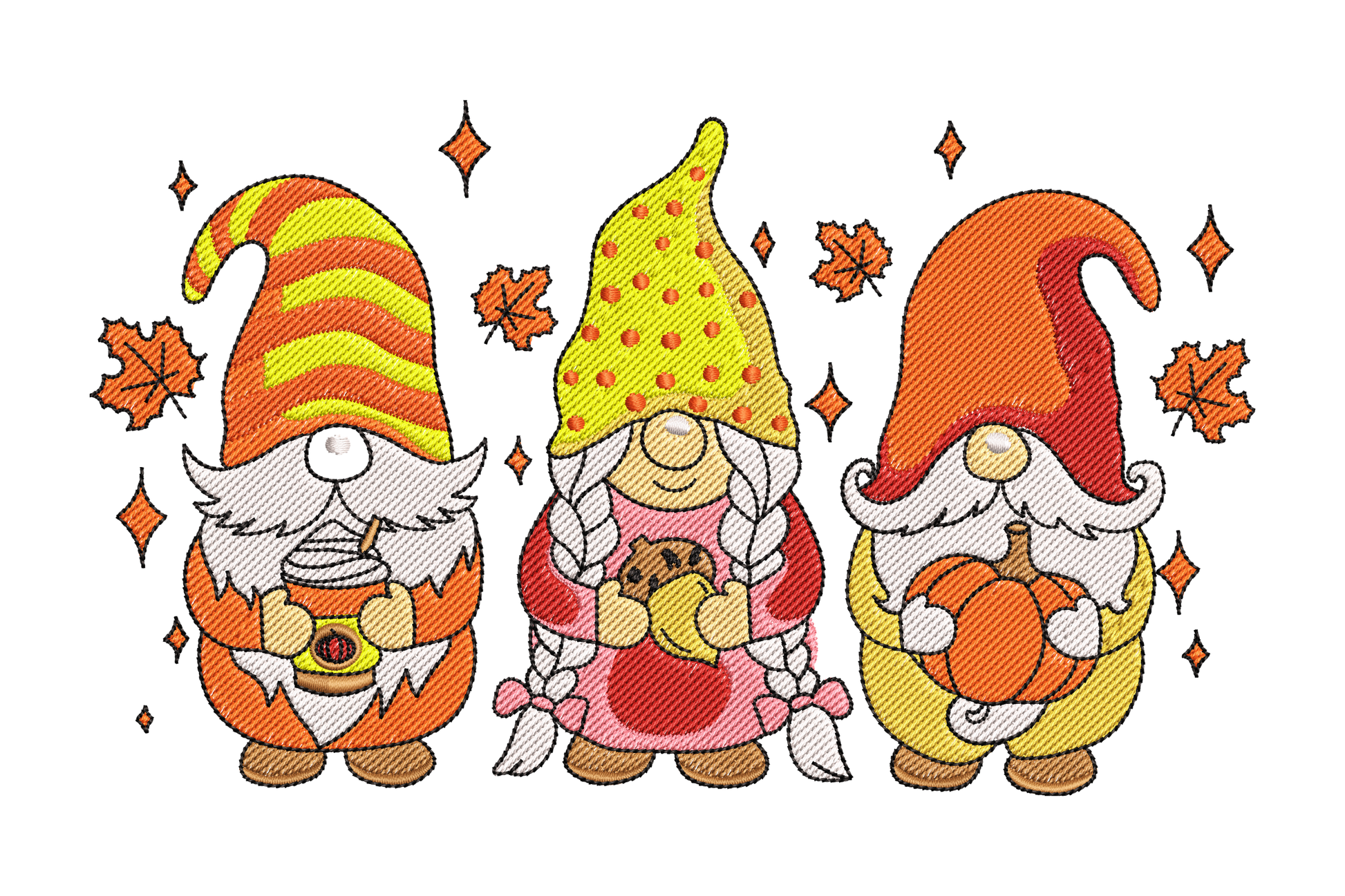 Fall gnome trio embroidery design, three autumn gnomes with coffee cup, cookie and pumpkin, maple leaves and sparkle accents, 10 colours.