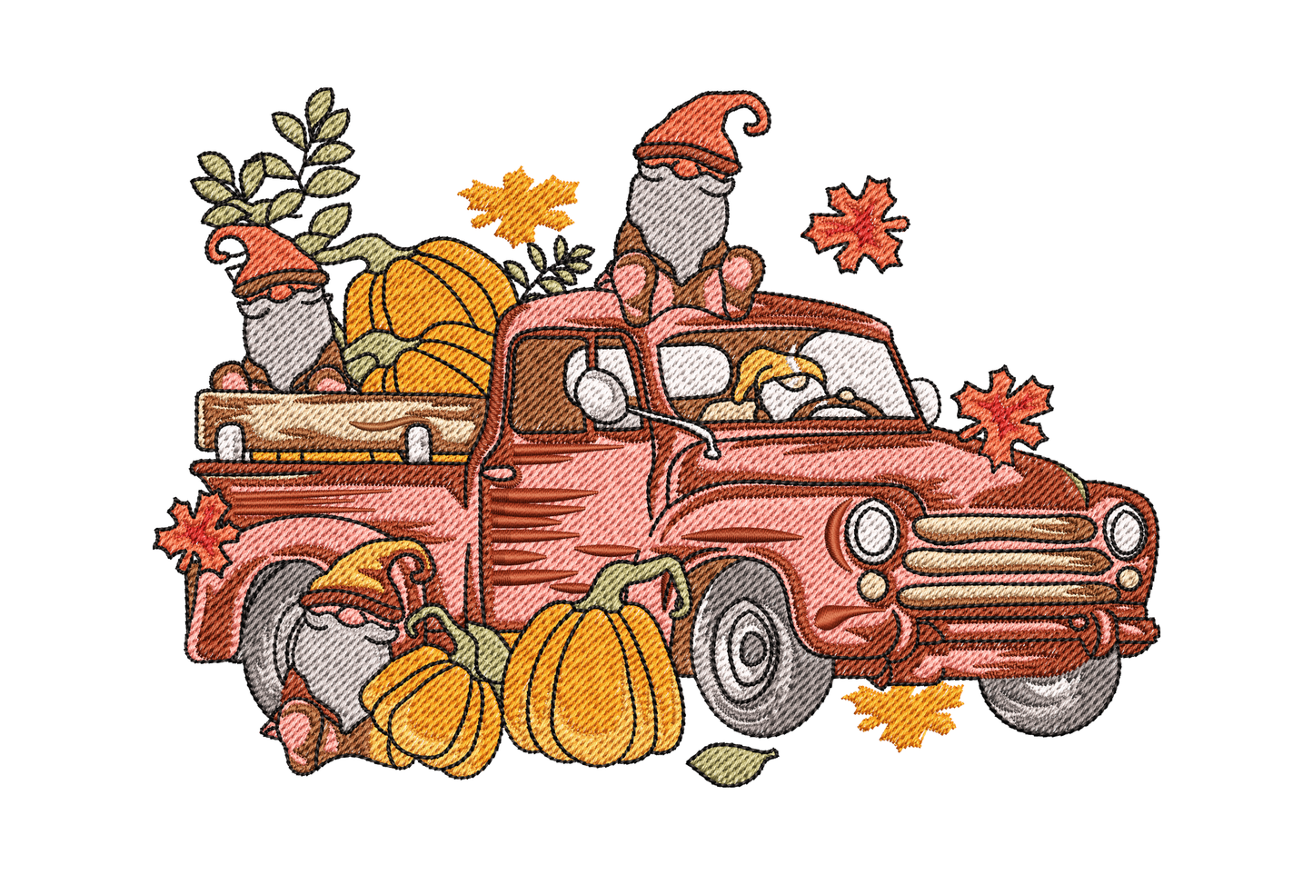 Machine embroidery design of a vintage red truck with fall gnomes and pumpkins in 13 autumn colours including orange, red, khaki and brown.